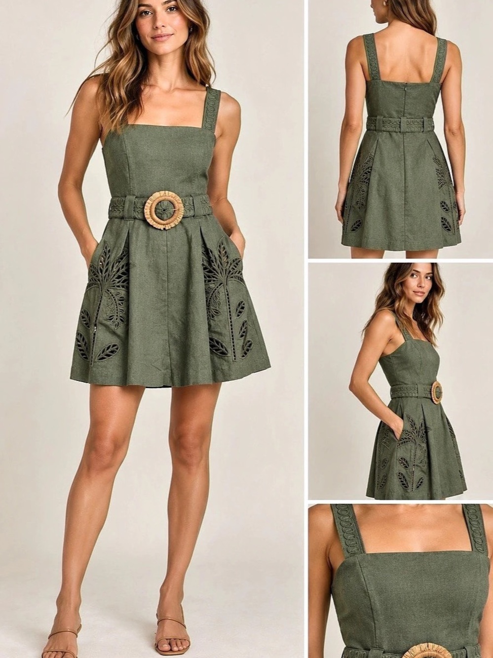 Caroline Constas Palm Embroidered Linen-Blend Belted Romper Belted Green Romper